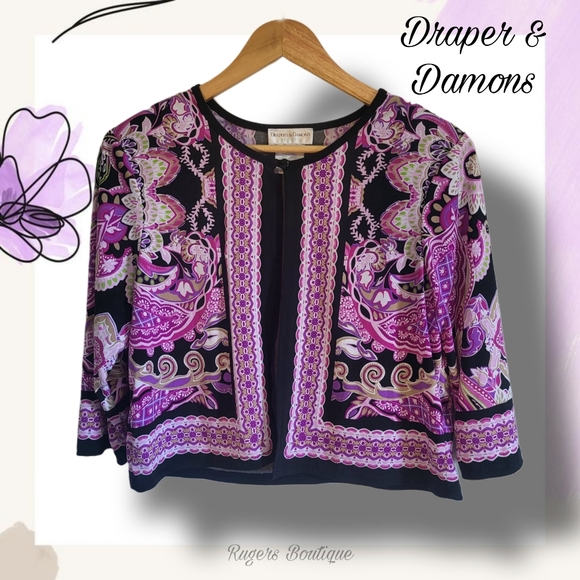 🌿Draper's & Damon's Women's 8P Purple Pink Black Multi Print Cropped Blazer - Picture 4 of 13